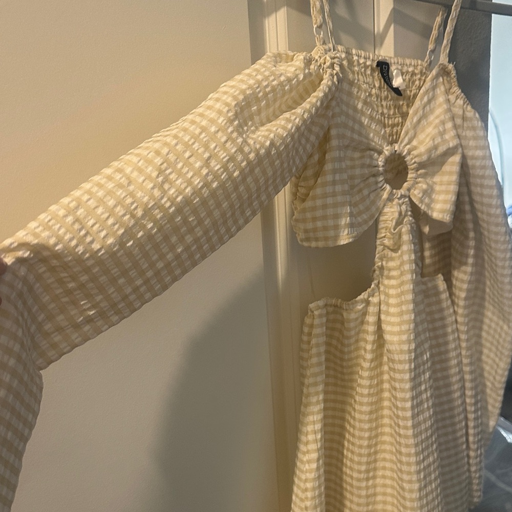 Beige Checkered Long Sleeve Dress